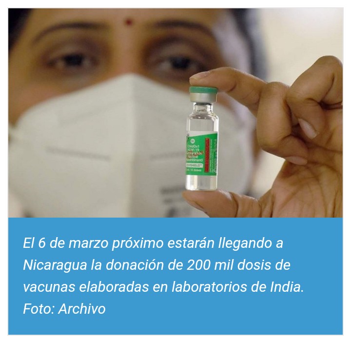 #VacunasCOVID19
El 6 de marzo próximo estará llegando a Nicaragua la donación de 200 mil dosis de vacunas elaboradas en laboratorios de India, así lo dio a conocer la Compañera Rosario Murillo, Vicepresidenta de Nicaragua.
#SeguimosCambiandoNicaragua
#ConDanielyRosario
🇳🇮❤️🖤🇳🇮