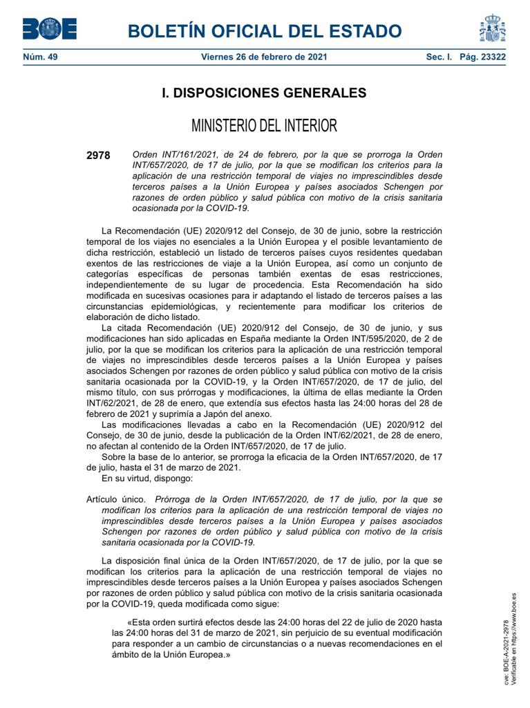 ConsEspCaracas's tweet photo. ⚠️📢Se ha publicado en @boegob la prórroga al menos hasta el 31 de marzo de las restricciones de ingreso a🇪🇸 (incluyendo viajes desde 🇻🇪) debido al Covid19: https://t.co/SgFFp0GAau

❗No significa que finalicen en esa fecha. Recomendamos máxima prudencia al planificar viajes. https://t.co/zNGeFzZzs6