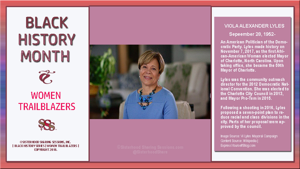SisterhoodShare's tweet photo. This #BlackHistoryMonth we honor @CLTMayor, #ViLyles. Lyles made history as the first African-American woman elected Mayor of Charlotte, North Carolina, on Nov7, 2017. She was re-elected in 2019. https://t.co/V8BHE2QAAz

#BlackHistory #BlackWomenTrailblazers #WomenTrailblazers https://t.co/dCK5H9modu