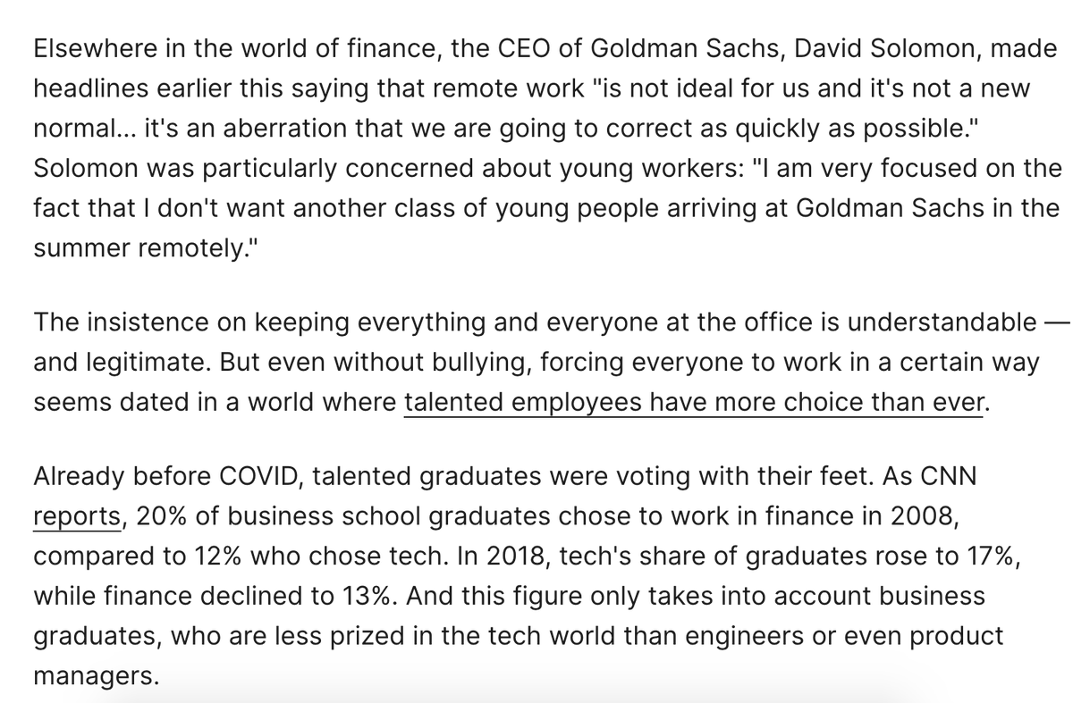 annehelen's tweet photo. This is something I've been thinking about a lot: industries like finance that use presentism/overwork as their primary understanding of merit are eager to go back to the office. But their employees are realizing there's a different way. 

https://t.co/h4wGAaXGfd https://t.co/0B70GUbbgX