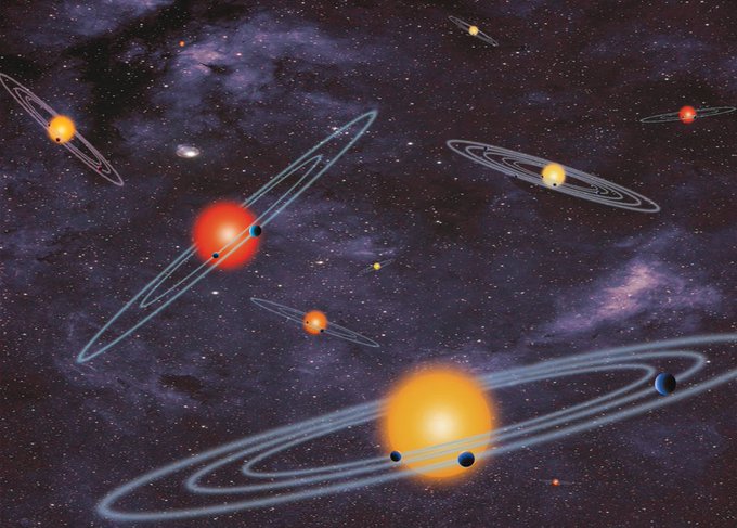 This artist concept depicts "multiple-transiting planet systems," which are stars with more than one planet. The planets eclipse, or transit, their host stars from the vantage point of the observer. This angle is called edge-on. NASA's Kepler Space Telescope has found hundreds of these multiple-planet systems.