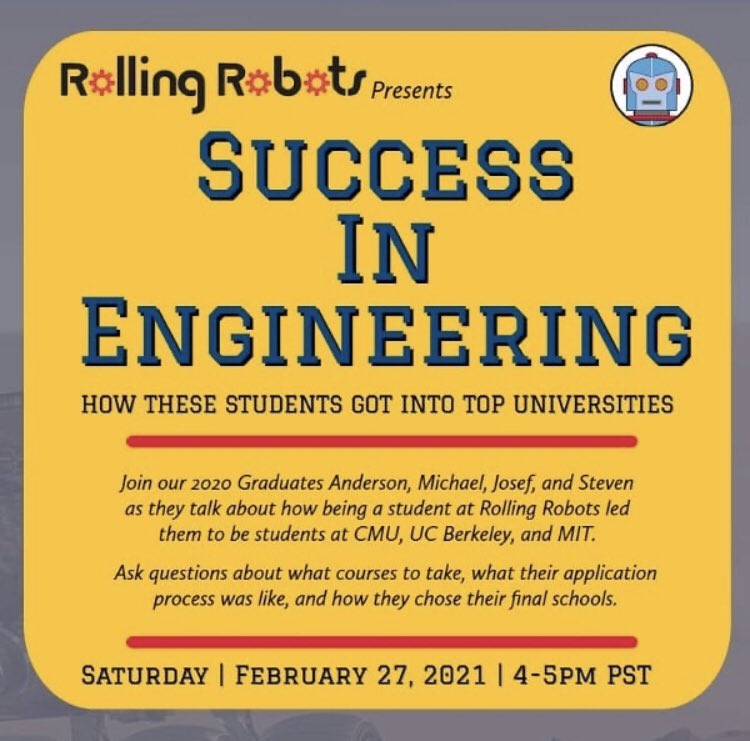 🎉#NationalEngineersWeek #RollingRobots hosts our Alumni on Feb. 27, 4pm PST. Ask about their #engineering journey &amp; how <a href="/VEXRobotics/">VEX Robotics</a> <a href="/intel/">Intel</a> ScienceFair <a href="/FIRSTweets/">FIRST</a> <a href="/BattleBots/">BattleBots</a> <a href="/LemelsonMIT/">Lemelson-MIT Program</a> helped them #succeed!Signup: rollingrobots.com/events