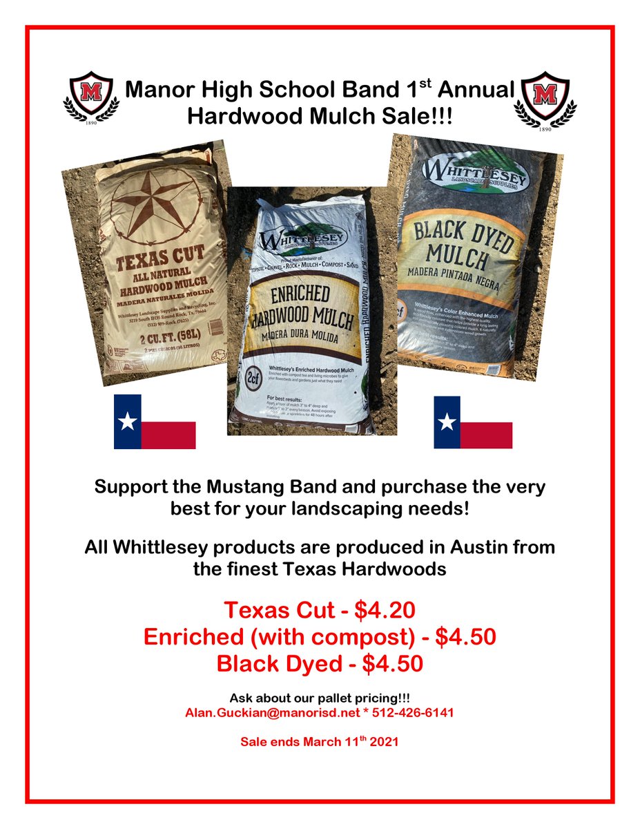 It's time to rejuvenate the lawn and get that garden ready. Top it off with Whittlesey Mulch from the Mustang Band!!!