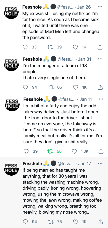 fesshole's tweet photo. Best of @fesshole for Jan 2021. All public confessions - some funny, some fascinating. Do make sure you follow - plenty more stuff coming. (Our fav? Probably the one about Keith Harris and Orville) https://t.co/2sy3G6O6Is