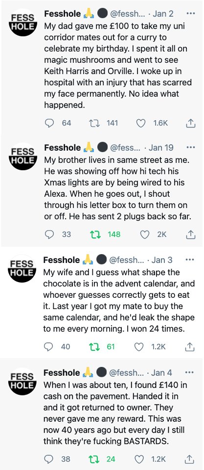 fesshole's tweet photo. Best of @fesshole for Jan 2021. All public confessions - some funny, some fascinating. Do make sure you follow - plenty more stuff coming. (Our fav? Probably the one about Keith Harris and Orville) https://t.co/2sy3G6O6Is