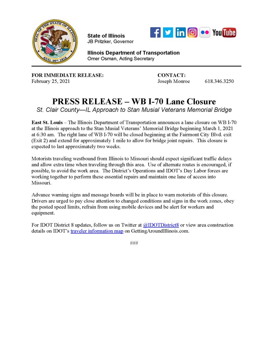 IDOTDistrict8's tweet photo. Please plan ahead for WB commutes into St. Louis starting Monday morning.  The long-range forecast is allowing us to make much needed repairs to the I-70 structure over the next two weeks.  #ILTraffic https://t.co/wPhVl1FKpe