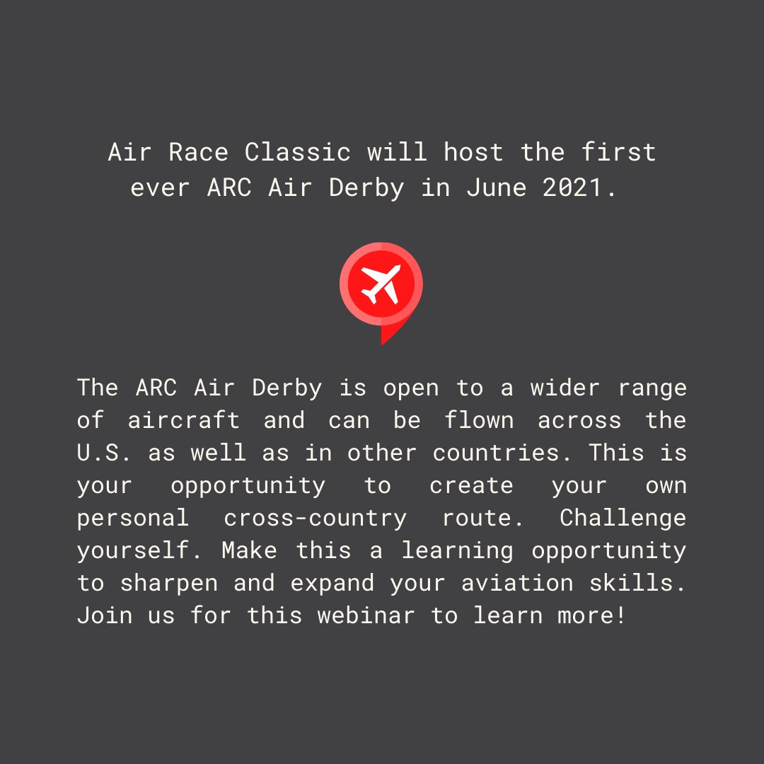 AuthenticARC's tweet image. Want to learn more about the 2021 Air Derby?
Tune in Next Wednesday, March 3 at 7pm Central Time for an Air Derby Informative Webinar.

Register for the webinar here: ninety-nines.org/webinars.htm