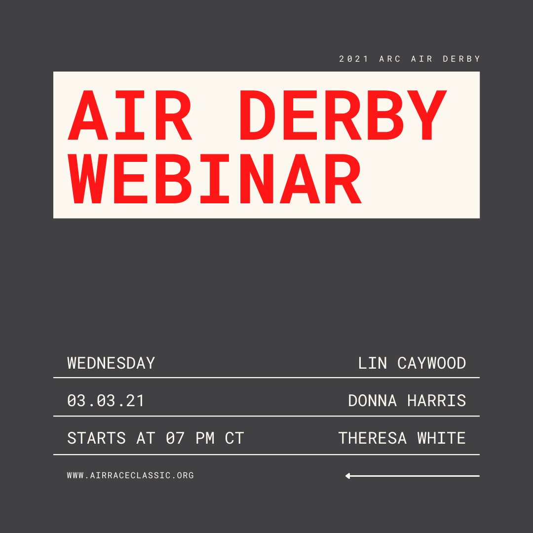 AuthenticARC's tweet image. Want to learn more about the 2021 Air Derby?
Tune in Next Wednesday, March 3 at 7pm Central Time for an Air Derby Informative Webinar.

Register for the webinar here: ninety-nines.org/webinars.htm