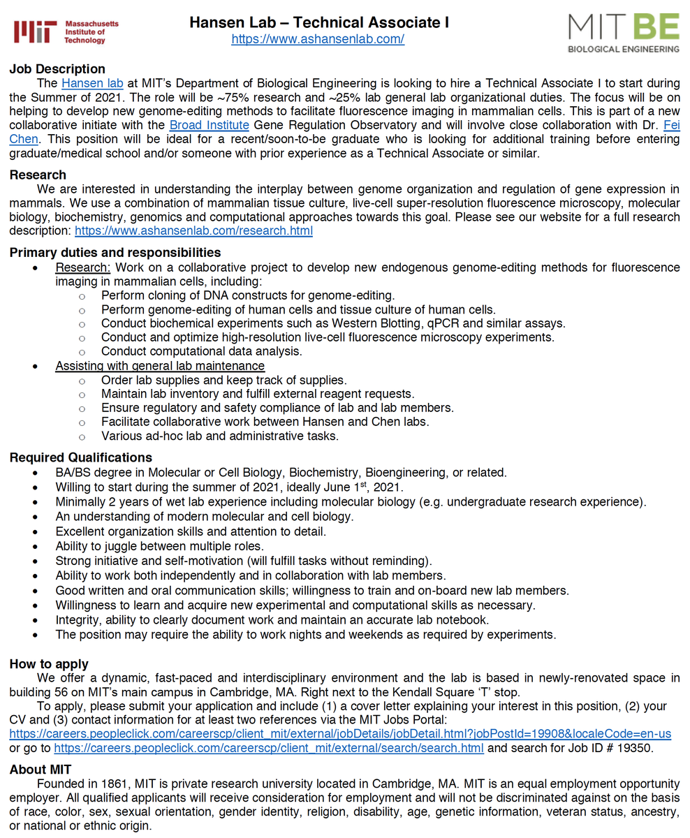 ASHansen Lab (@hansen_lab) on Twitter photo Come and join us!
We are looking to hire a Technical Associate (Research Assistant) to start summer 2021 for a joint project with Fei Chen <a href="/MITdeptofBE/">MIT Dept of BE</a> <a href="/broadinstitute/">Broad Institute</a>
More info: ashansenlab.com/join.html
Apply: careers.peopleclick.com/careerscp/clie…
Feel free to get in touch with any questions. Come and join us!
We are looking to hire a Technical Associate (Research Assistant) to start summer 2021 for a joint project with Fei Chen <a href="/MITdeptofBE/">MIT Dept of BE</a> <a href="/broadinstitute/">Broad Institute</a>
More info: ashansenlab.com/join.html
Apply: careers.peopleclick.com/careerscp/clie…
Feel free to get in touch with any questions.