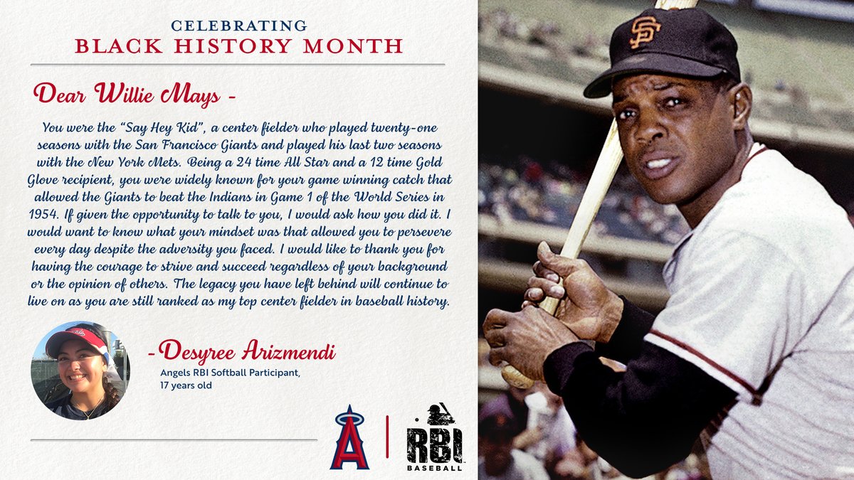 Say Hey! Willie Mays is considered one of the best to ever play the game. His impact on MLB and the Negro Leagues carries on to today's generation. <a href="/AngelsRBI/">Angels RBI League</a> softball participant, Desyree, shares her message with Willie Mays in this week's letter. #BlackHistoryMonth <a href="/Angels/">Los Angeles Angels</a>