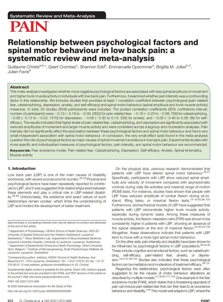 McNeanPhysio's tweet image. Nice work @guchriste 👏🏻👏🏻Higher levels of pain related fear, catastrophizing &amp;amp; depression are associated with decreased spinal amplitude &amp;amp; increased trunk muscle activity (more rigid movements) #relaxandmove #backpain #physio 

researchgate.net/profile/Guilla…