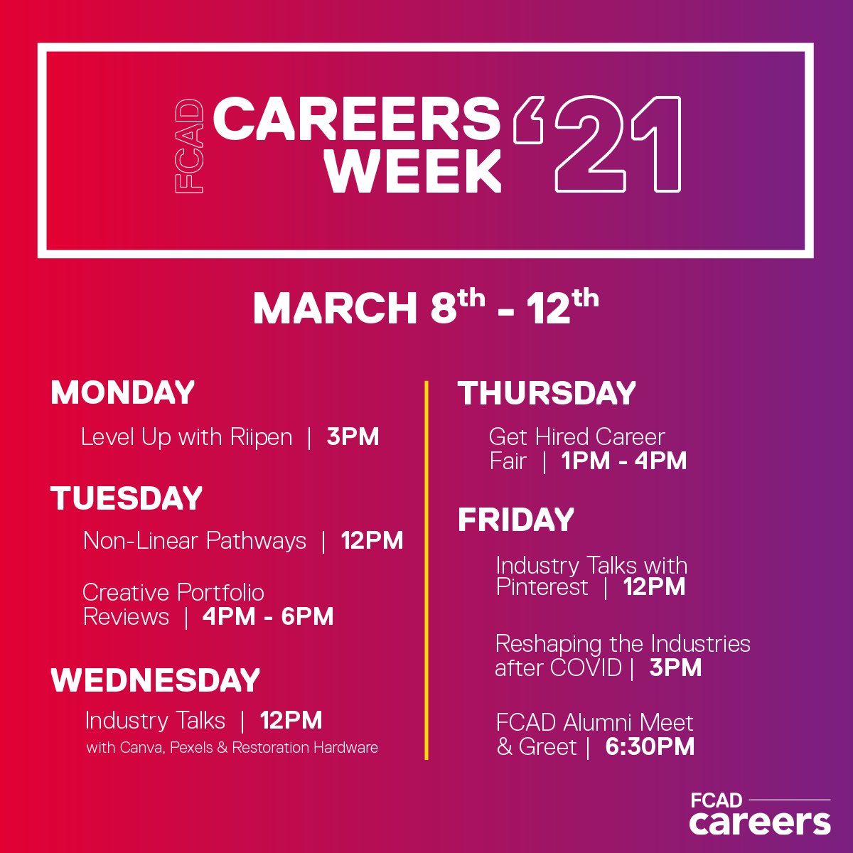 FCAD CAREERS WEEK is coming to you on March 8-12! 🤩⠀
⠀
Don’t miss out on these incredible events such as the portfolio review sessions, inspiring panel events, and the first-ever FCAD careers fair!✨⠀
⠀
Check out event details &amp; register here: bit.ly/3krrCwQ