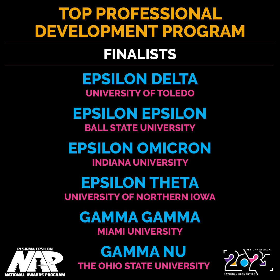 The Top Professional Development Program Award is given to the chapter who has most clearly, accurately, and
effectively planned and executed a variety of professional programming that provides their chapter members an
experience that connects them to the professional world.
