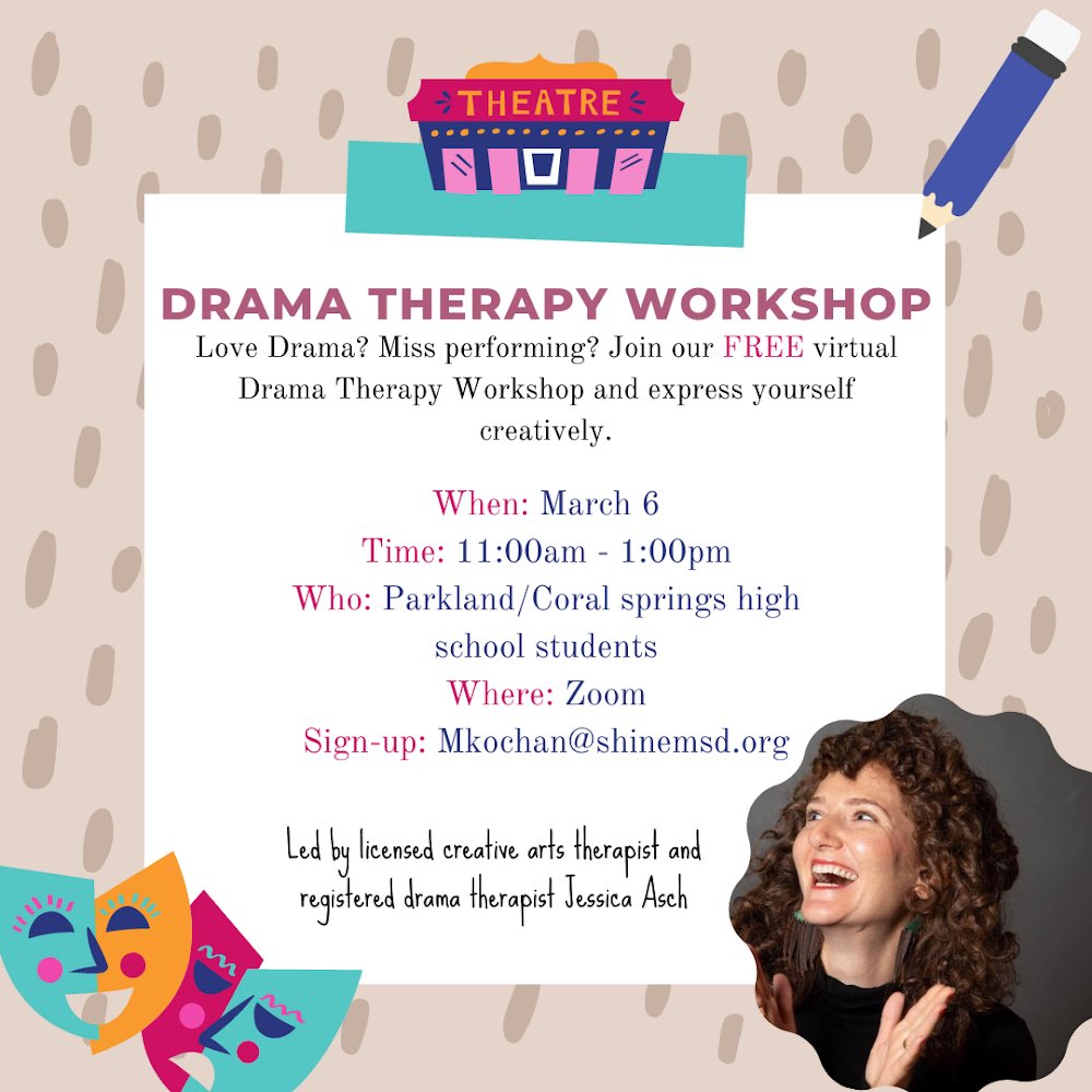 ShineMsd's tweet photo. We’re back with another virtual Drama Therapy Workshop! Come join us March 6 as we engage in writing &amp; the performing arts. Open to Parkland/Coral Springs high school students. Email mkochan@shinemsd.org for questions or to reserve your spot! 🎭🎨 https://t.co/ZNh4myyzSY