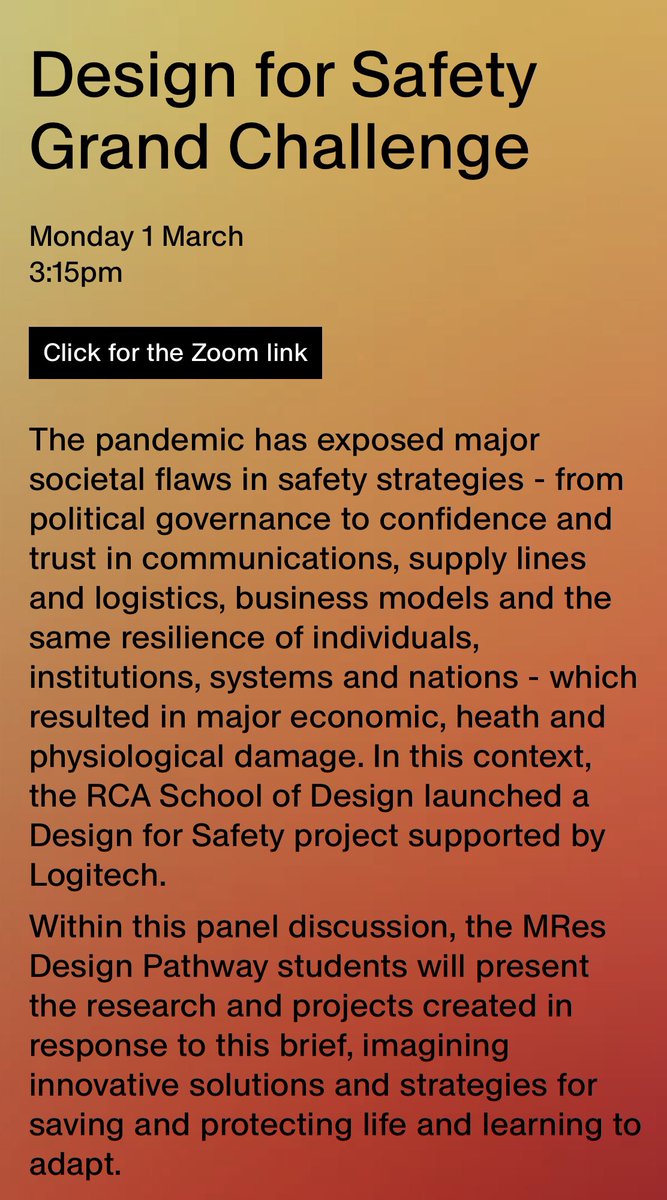 On 1 March the MRes #Design students will present and discuss their experience of working in the <a href="/RCA/">Royal College of Art</a> #DesignforSafety #GrandChallenge. Tune on Zoom at 3pmGMT #research #COVID19 research-biennale.rca.ac.uk/events