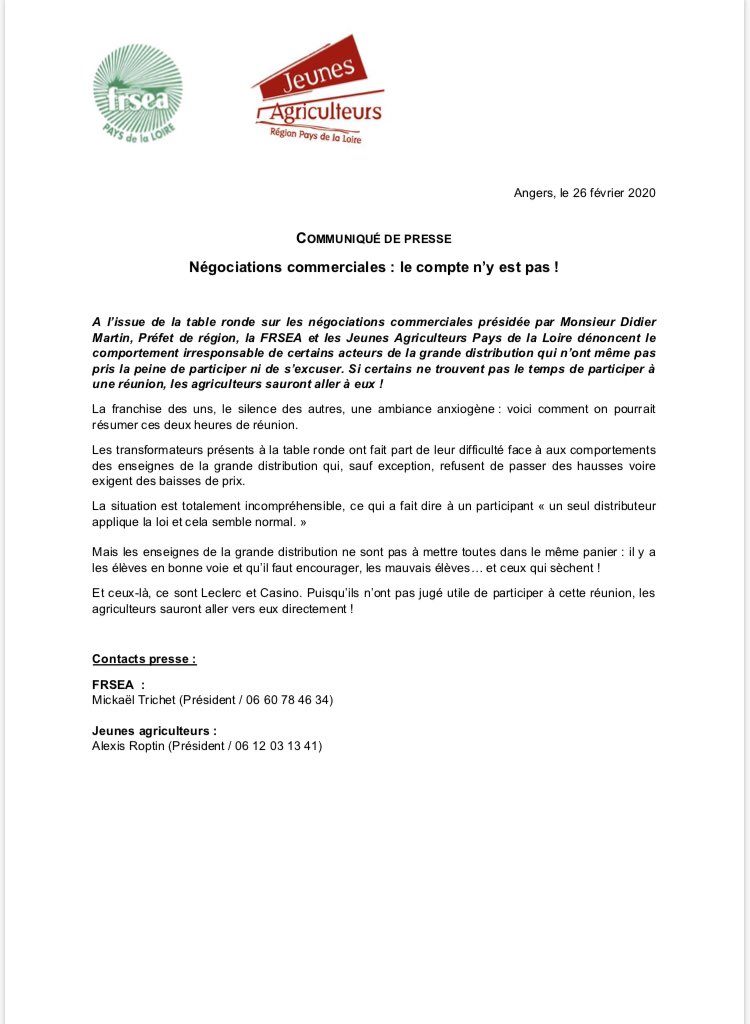 Négociations commerciales : le compte n’y est pas ! <a href="/Leclerc_MEL/">Michel-Edouard Leclerc</a> <a href="/Groupe_Casino/">Groupe Casino</a> <a href="/FNSEA/">La FNSEA</a> <a href="/JeunesAgri/">Jeunes Agriculteurs</a> <a href="/Prefet44/">Préfet des Pays de la Loire et de Loire-Atlantique</a>