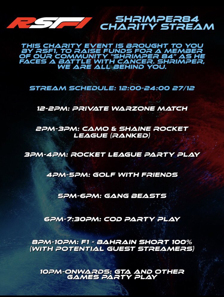 Here is the official schedule for tomorrow’s charity stream, Big thanks to @SyncRayner for the graphic 💪🏽

Also we will like to thank <a href="/ewan_oleary/">Ewan O'Leary</a> to agreeing to do comms on this race along with his co comms for tomorrow’s race!!!

See you tomorrow at 12pm👊