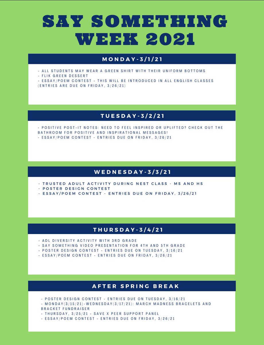 Next week officially kicks off the month of March, better known as Say Something Month! With emphasis on the first week, our club will be hosting events and activities around our school to spread awareness of the see something, say something message.