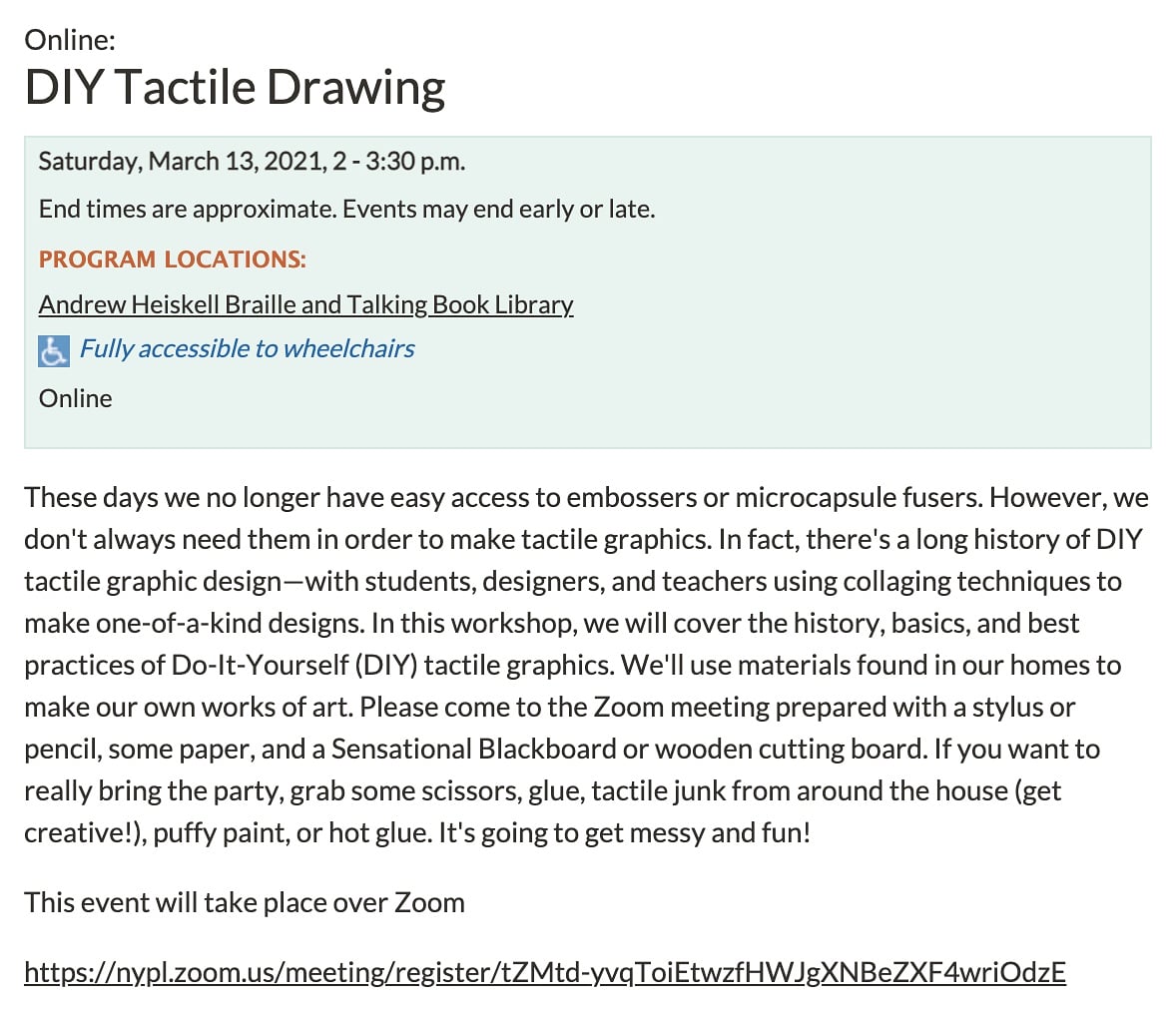 BTactile's tweet photo. DIY #TactileDrawing
Saturday, March 13, 2021, 2 - 3:30 p.m.
Andrew Heiskell Braille and Talking Book Library
By @nypl
https://t.co/4HjnMXUhCX
#VisuallyImpaired #Blind #Braille #Tactile
#AccessibleImages #TactileImages #TactilePictures #TactileDrawings #TactileGraphics https://t.co/edX9WowR4d