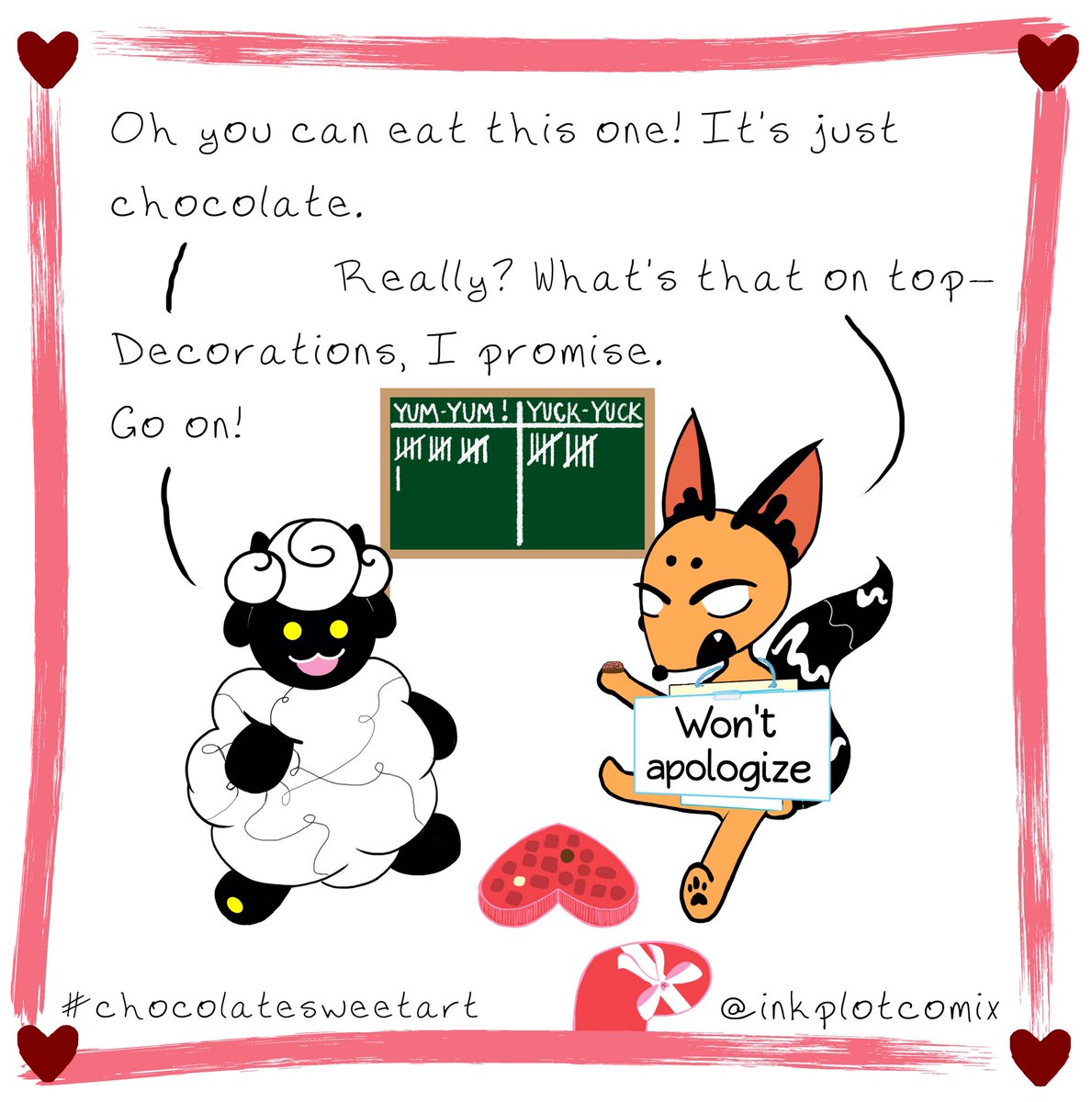 inkplotcomix's tweet photo. Sketch set me up! It’s been five whole minutes and it STILL feels like fireworks are going off in my mouth. I’m sure Sketch would say something about #payback or #karma if she stopped laughing. Do you like #poppingcandy? #chocolatesweetart #promptlist #prompts #webcomics https://t.co/Prp6RHw79B