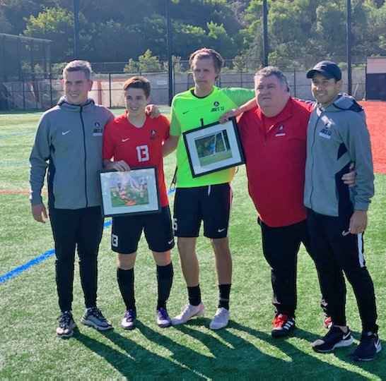 ARTU_Knights's tweet photo. Congratulations to @ARTUMSoccer's senior class of Kris Jensson &amp; Jaret Gil! Thank you for all you've done for the program! #PacWestMSOC #ArtSchool #SeniorDay https://t.co/Nixo8NqogF