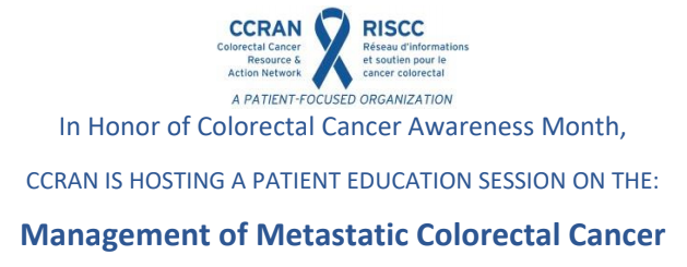 survivornetca's tweet photo. Join CCRAN for a virtual Patient Education Session via Zoom and learn about the new and evolving therapies in the management of metastatic colorectal cancer.

Sunday, March 21st, 2021 from 1:00pm to 4:00pm EDT. 

More information and how to register here: https://t.co/hPJULUSEa0 https://t.co/ihZrr7GDFz
