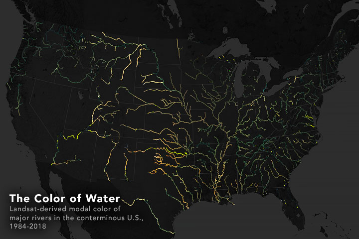 NASAEarth's tweet photo. Rivers are changing. In the past 35 years, one third of large #rivers in the United States have changed their dominant color, often due to sediments or algae. https://t.co/GWcZyn83Ol https://t.co/LyB0WVRYof