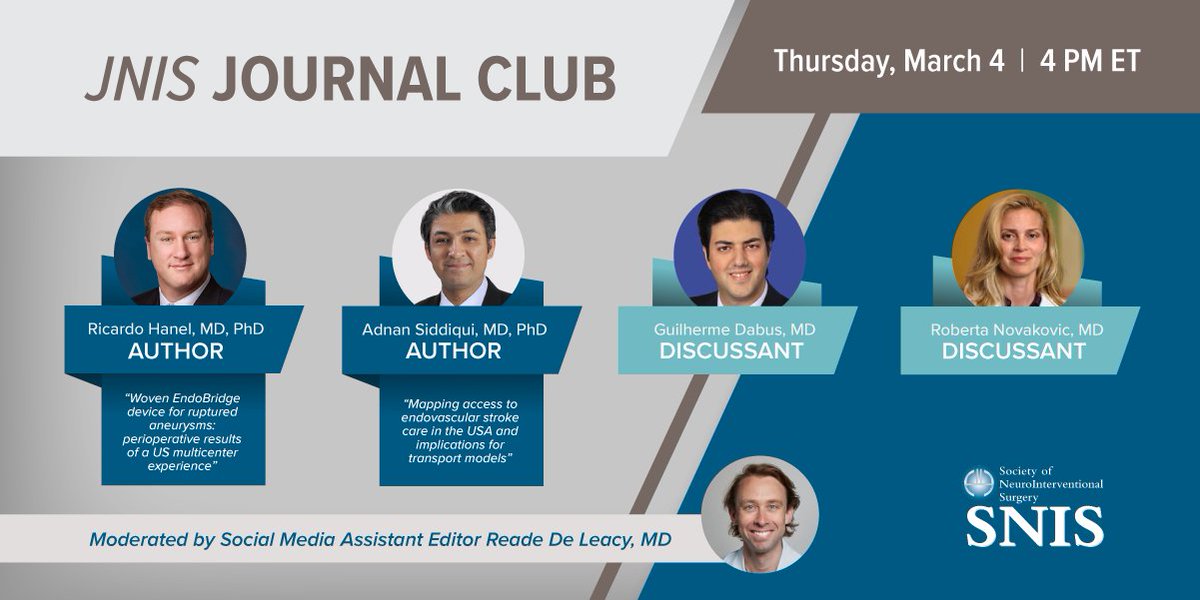 SNIS Info (@snisinfo) on Twitter photo 📘🧠 HAPPENING SOON: Don't miss today's <a href="/JNIS_BMJ/">JNIS</a> Journal Club webinar at 4pm ET. JNIS Social Media Asst. Editor <a href="/rdeleacymd/">Reade De Leacy MD</a> will sit down with authors Ricardo Hanel, MD & <a href="/_AdnanSiddiqui/">Adnan H. Siddiqui, MD</a> & discussants <a href="/gdabus/">Guilherme Dabus, MD</a> & Roberta Novakovic, MD. Register today ➡️ register.gotowebinar.com/register/87555… 📘🧠 HAPPENING SOON: Don't miss today's <a href="/JNIS_BMJ/">JNIS</a> Journal Club webinar at 4pm ET. JNIS Social Media Asst. Editor <a href="/rdeleacymd/">Reade De Leacy MD</a> will sit down with authors Ricardo Hanel, MD & <a href="/_AdnanSiddiqui/">Adnan H. Siddiqui, MD</a> & discussants <a href="/gdabus/">Guilherme Dabus, MD</a> & Roberta Novakovic, MD. Register today ➡️ register.gotowebinar.com/register/87555…