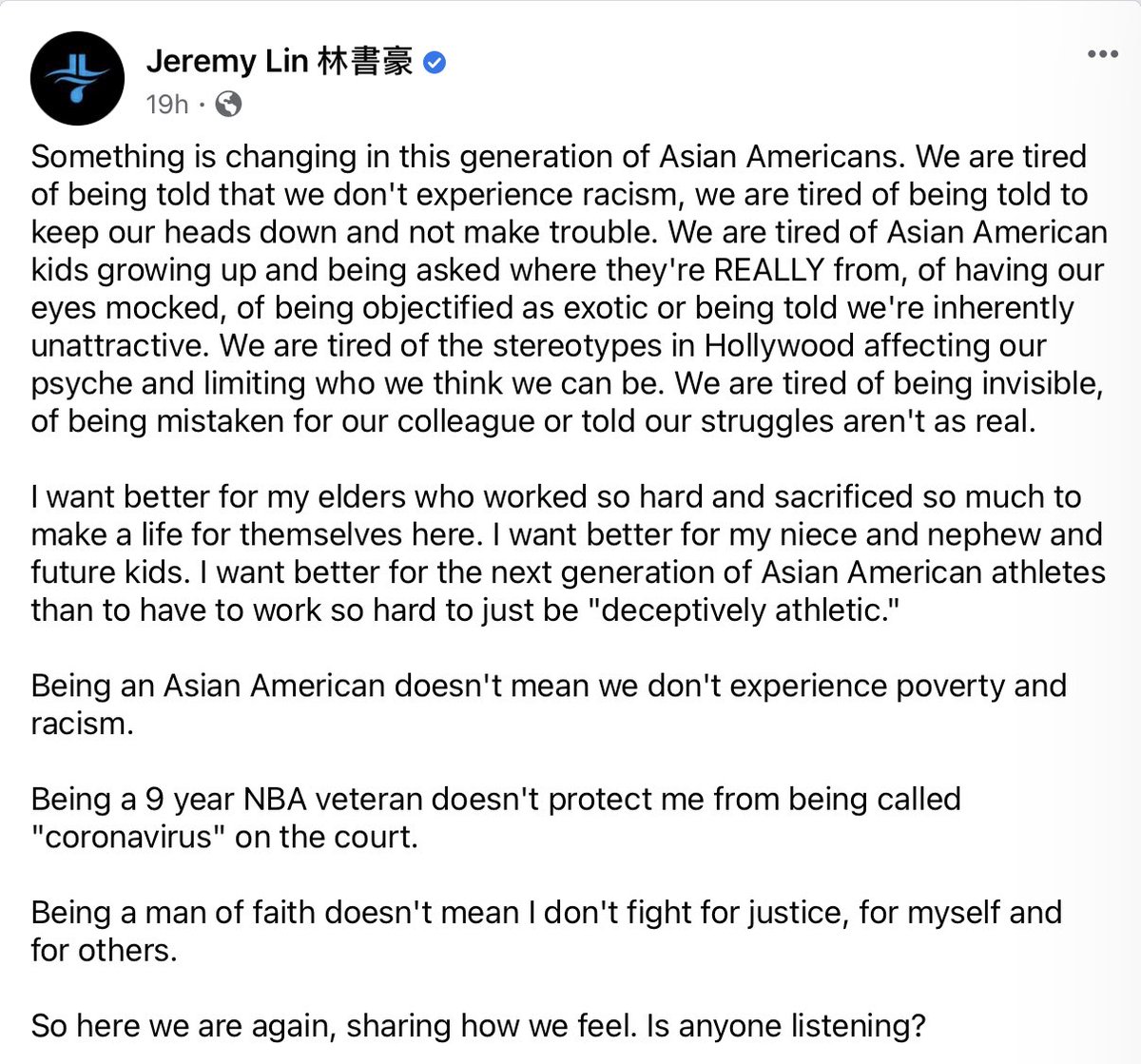 joonlee's tweet image. Jeremy Lin: “Being a 9-year NBA veteran doesn’t protect me from being called ‘coronavirus’ on the court.” facebook.com/14565053545840…