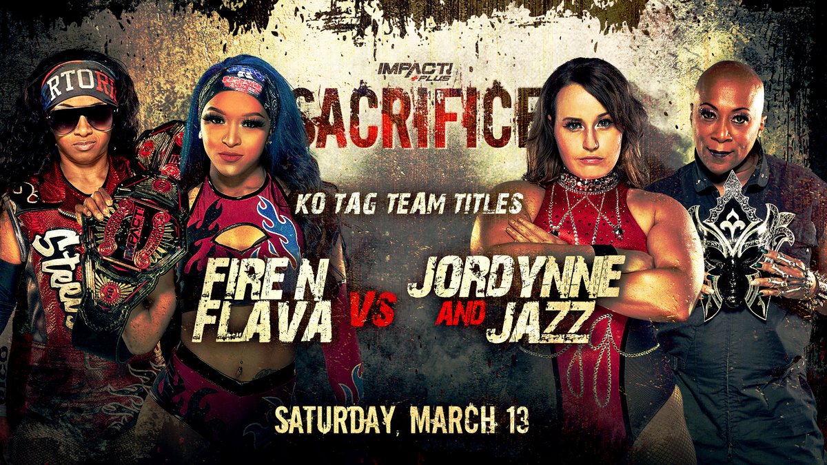 ICYMI: Two championship matches are confirmed for #Sacrifice on @IMPACTPlusApp! @GottaGetSwann vs. @TheMooseNation - IMPACT World Championship @RealTSteelz and @HoganKnowsBest3 vs. @JordynneGrace and @Phenom_Jazz - Knockouts Tag Team Titles