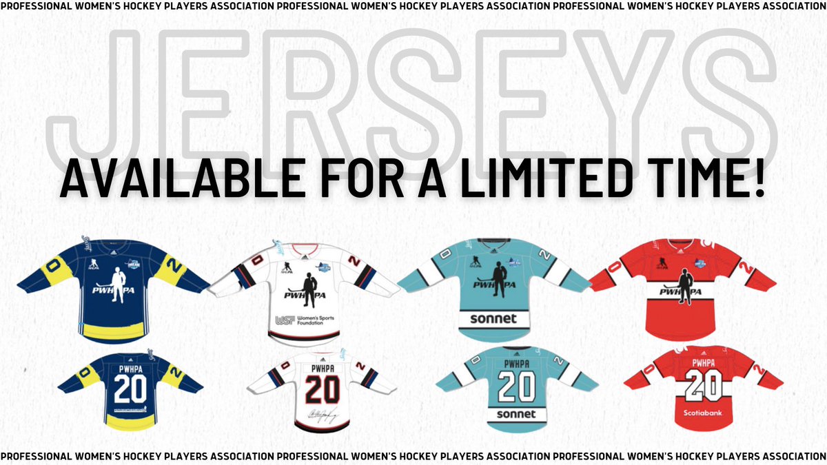 PWHLPA's tweet image. We’re excited to announce that PWHPA team replica jerseys are now available for purchase.

big.four51ordercloud.com/pwhpa/catalog/…

All proceeds will go direct to players, where 50% will go directly to the player whose jersey was purchased and 50% to an all players pot to be distributed equally.