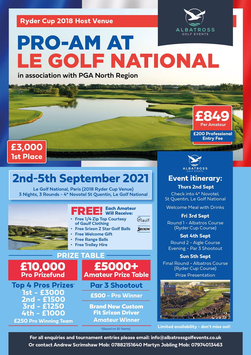 Exciting Pro-Am at <a href="/legolfnational/">Le Golf National</a> in association with <a href="/PGANorth/">PGANorth</a>  🇫🇷🍷🍺🏌🏻‍♂️🏌🏽‍♀️⛳️

📆 2-5th September

Who’s up for the challenge?!🔥👀

⛳️ 54 Hole Tournament
💰10k Pro Purse 
🥇£3K Winning Pro
🏆 £5K Am Prizes 

albatrossgolfevents.co.uk/pro-am-tournam…

@EventsAlbatross <a href="/GaulfClothing/">Gaulf Clothing</a> <a href="/SrixonEurope/">Srixon Europe</a>