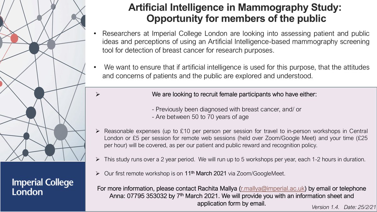 A paid opportunity for women who have experience with #breastcancer or are between the age of 50-70 in England to be involved in an <a href="/imperialcollege/">Imperial College London</a> study about mammography &amp; artificial intelligence.

Apply by 7 March: voice-global.org/public/opportu…

1st workshop 11 March (am).
Pls RT🙏