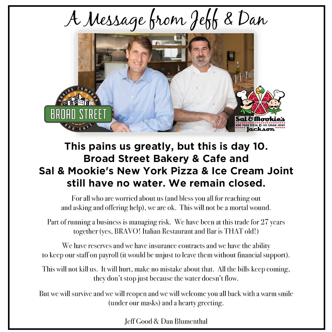 We are still without water and remain closed. Please see the message below from  Jeff E Good and Daniel Blumenthal.
#salandmookies #nowater2021