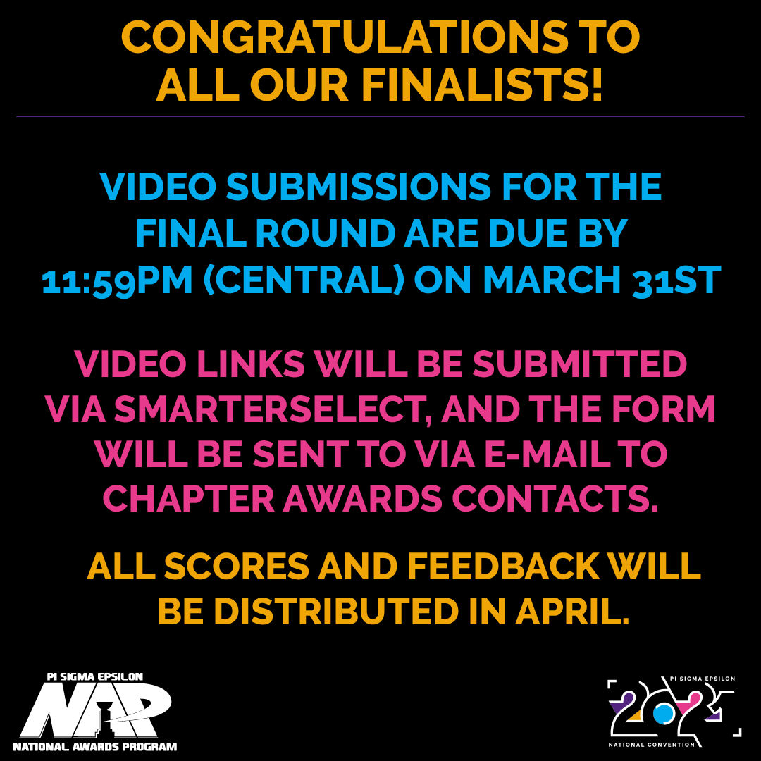 Congratulations to ALL of our competitors - you continue to amaze us year after year!

For those moving on, please have your video links submitted to SmarterSelect by 11:59pm CENTRAL on Wednesday, March 31st!

#PSEConv21