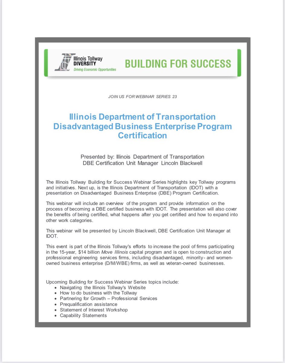 ChicagoMSDC's tweet image. Join us this Monday, March 1st from 3:00pm - 3:30pm CST on how to obtain a Disadvantaged Business Enterprise certification with the Illinois Department of Transportation. 

Register here: lnkd.in/eYiMpRC

#cmsdc #buydiverse #business #training #certification