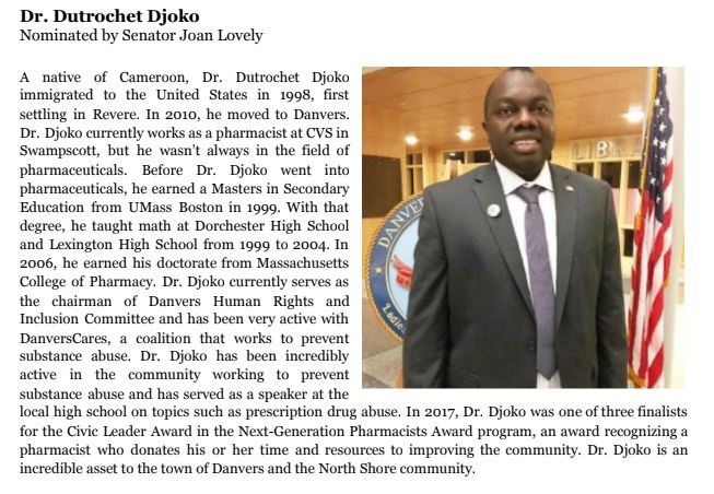 SenJoanLovely's tweet photo. Deeply honored to nominate w/@sallykerans4rep Dr. Dutrochet Djoko for @MABLLC Black Excellence on the Hill Award. As Chair of the Danvers Human Rights and Inclusion Committee and member of @DanversCARES, Dr. Djoko is an incredible asset to #Danvers & #NorthShoreMA #MAPoli https://t.co/8IG1gWaKOn