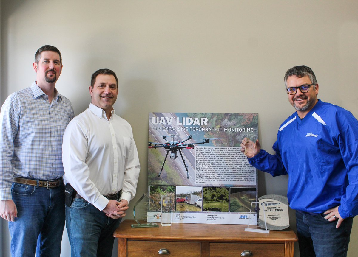 SSIMichigan's tweet photo. Congrats Team! SSI earned @ACECMI recognition for our project: UAV LiDAR for Expansive Topographic Monitoring. Thank you to MDOT (Karl Brandys &amp; Chris Johnecheck) and SSI’s very own Jeff Bartlett, Cary Hutchinson, and Kyle Everitt for all of your hard work! https://t.co/BmxTpVFPz8