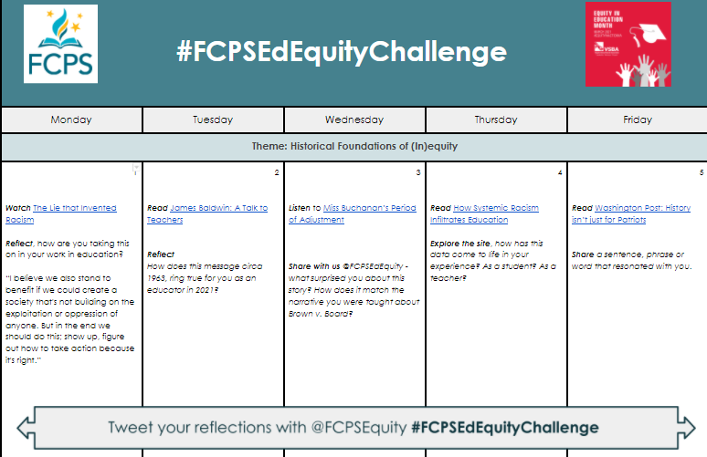FCPSEquity's tweet photo. Here is the link to week one of the #FCPSEdEquityChallenge https://t.co/Q7ARvHXbLu
Retweet, tag colleagues and get ready to reflect on some GREAT resources! @FCPSRegion1 @FCPSR2 @FCPSR3 @Region4FCPS @FCPSR5 https://t.co/JOWvI2X6Ao