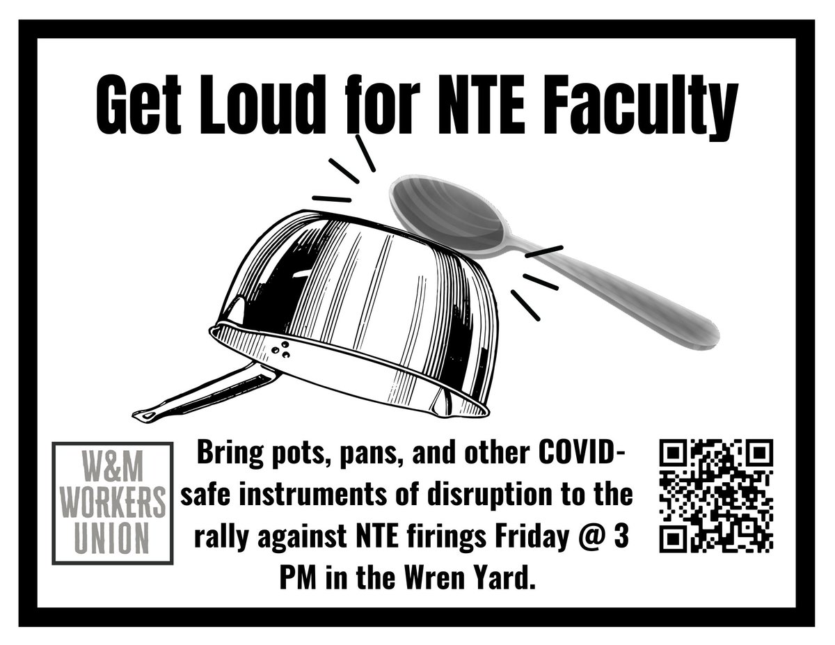 wmworkersunion's tweet image. Our rally for NTE jobs begins in 30 minutes in the Wren Yard!!!

Attendees: Please mask up, bring COVID-safe noisemakers, and maintain social distance.

Can’t make it? Live stream here: youtube.com/channel/UCEjZR…

We’ll be live tweeting the event as well. See you there! 🥁🥄🪘