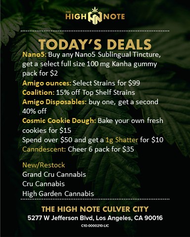 TheHighNoteCA's tweet photo. Weekend deals are here! Stay lifted with products from Nano5, Kanha, CRU cannabis, Cosmic Cookies, Littles, @Amigocannabis @coalition_co @CANNDESCENT and MORE!

#WeekendDeals #EastLos #CulverCity #Dispensary https://t.co/qdh03MlzMX