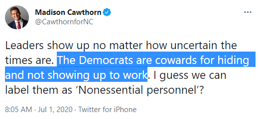 Fritschner's tweet photo. Last year Madison Cawthorn said Dems who used pandemic proxy voting were "cowards for hiding and not showing up to work."

He just filed with the House Clerk to proxy vote as the relief bill comes up "due to the ongoing public health emergency." 

He's in Orlando speaking at CPAC https://t.co/NEUr7cSHSf