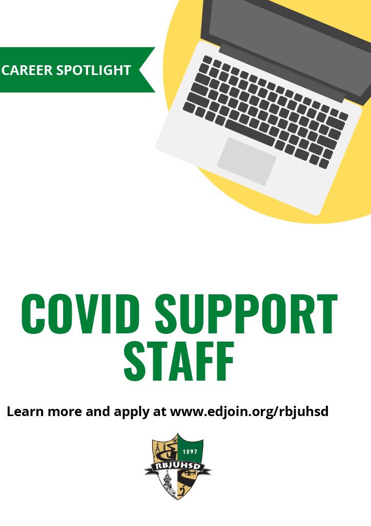 COVID Support Staff 😷😷
 
RBJUHSD is looking for individuals who can act as float person, supporting a designated school site in the areas of clerical, custodial, food service, and the health office. Hours will be as needed

To learn more: edjoin.org/Home/DistrictJ… (LINK IN BIO)