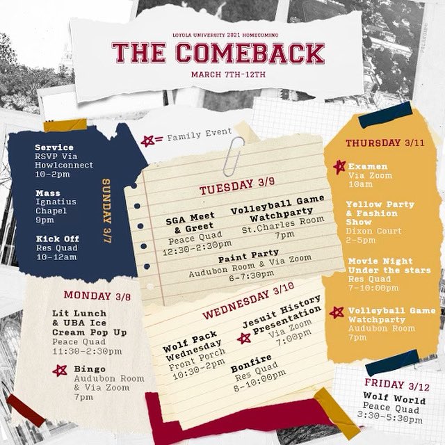 Loyno_SGA's tweet photo. Homecoming is back! Check out the week-long schedule of “THE COMEBACK.” Stay tuned with all things Homecoming related @loyno_hoco https://t.co/pmNAlhdfvg