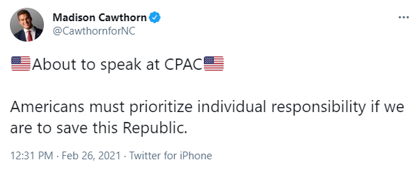 Fritschner's tweet photo. Last year Madison Cawthorn said Dems who used pandemic proxy voting were "cowards for hiding and not showing up to work."

He just filed with the House Clerk to proxy vote as the relief bill comes up "due to the ongoing public health emergency." 

He's in Orlando speaking at CPAC https://t.co/NEUr7cSHSf