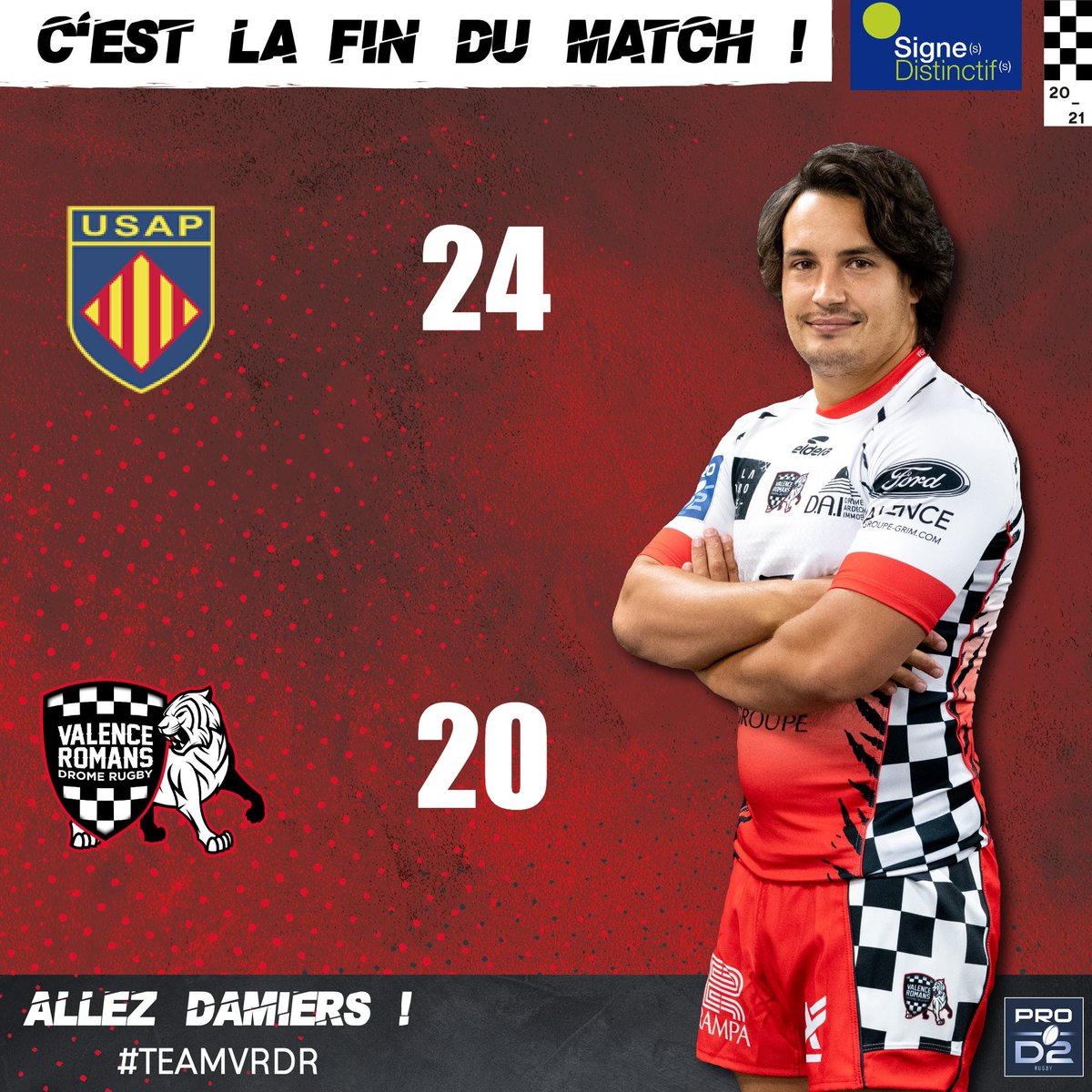 VRDRrugby's tweet photo. [J.21 - LE RÉSULTAT DU MATCH avec Signes Distinctifs : @usap_officiel ⚡️ VRDR]

C’est la fin du match ! Auteurs d'un match très convaincant et abouti, les Damiers reviennent avec un joli point de bonus défensif chez le leader du championnat. 

#ALLEZDAMIERS #TEAMVRDR #USAPVRDR https://t.co/S65vC7JYaq