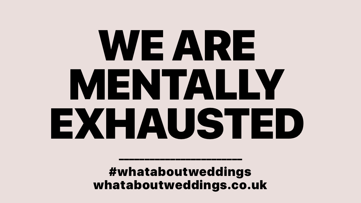 First industry fully shut. Last industry properly reopen. Fine, then support us financially. Morally, you owe us AND our mental health <a href="/RishiSunak/">Rishi Sunak</a> <a href="/scullyp/">Paul Scully</a> <a href="/BorisJohnson/">Boris Johnson</a> #WHATABOUTWEDDINGS
