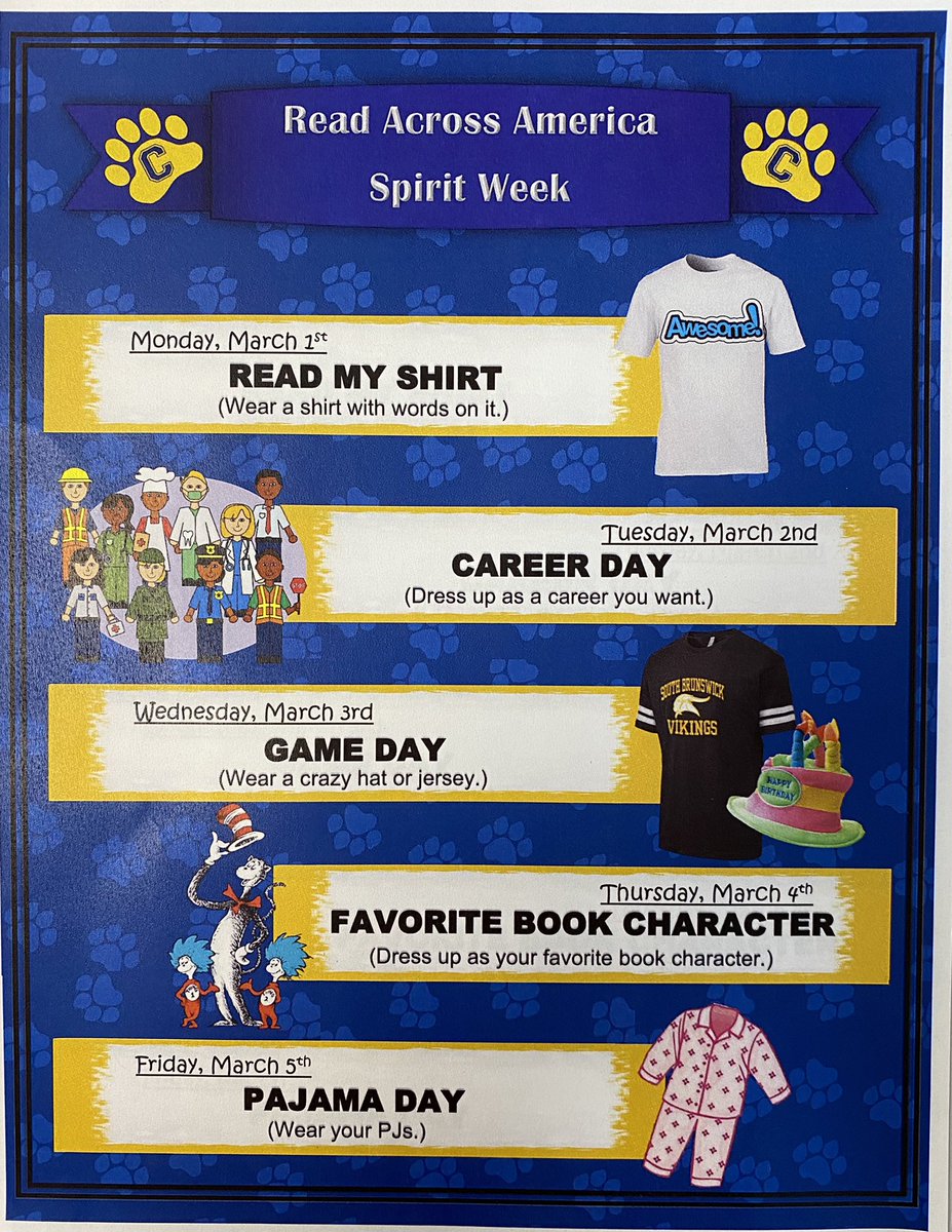 Check out next week spirit days for Read Across America 📖