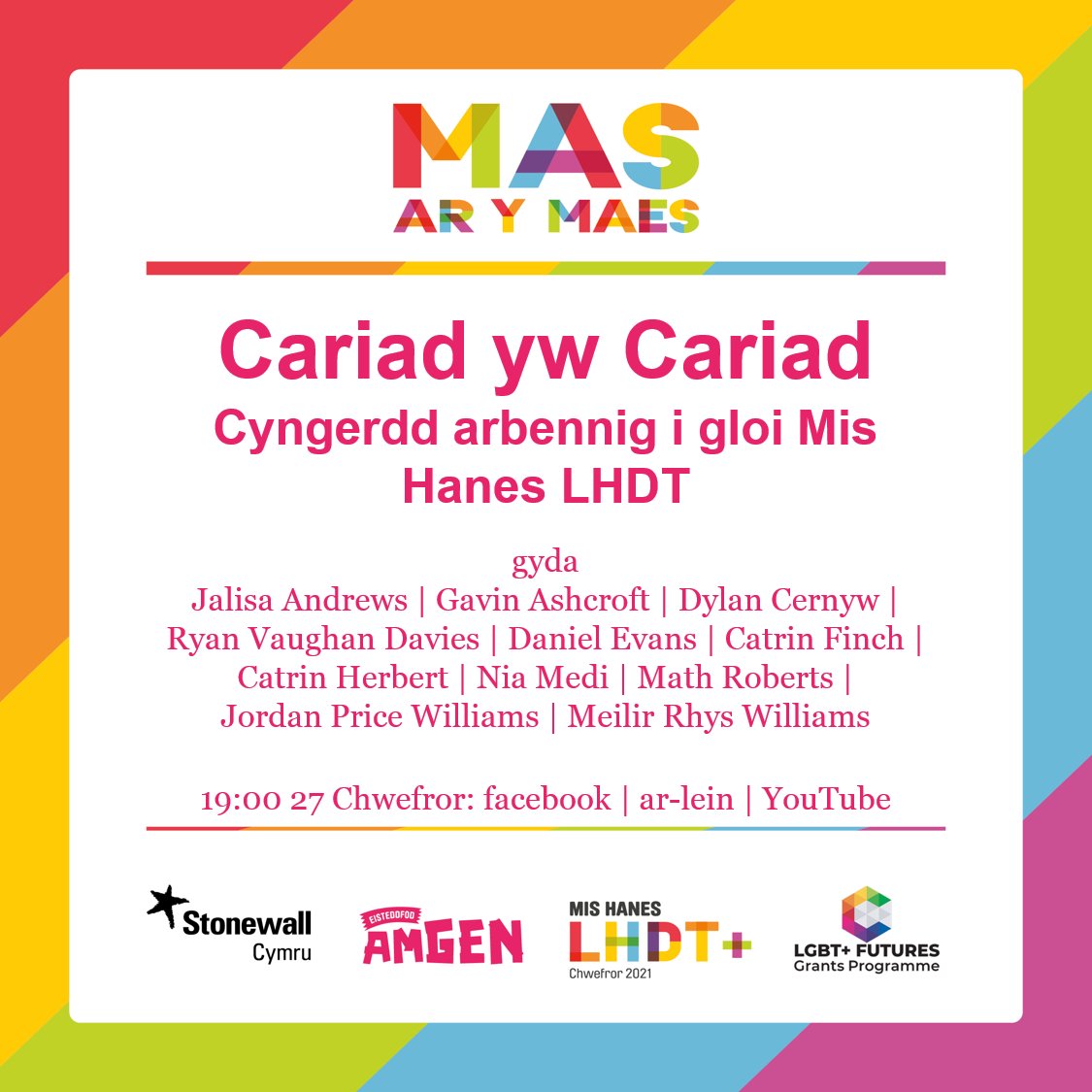 Tomorrow at 19:00 - the finale of <a href="/masarymaes/">Mas ar y Maes</a> #lgbthistorymonth and to celebrate #gwyldewi <a href="/jalisaandrews/">Jalisa Andrews</a> | Gavin Ashcroft | @dylancernyw | @RyanVd | <a href="/DanielGwynEvans/">Daniel Evans</a> | @CatrinFinch | <a href="/CatrinHerbert/">Catrin Herbert</a> | @NiaMedi_A | <a href="/Math_Rob/">Màth Roberts</a> | <a href="/JordPWilliams/">Jordan Price Williams</a> | @meilirrhys 
<a href="/Cymraeg/">Cymraeg 🏴󠁧󠁢󠁷󠁬󠁳󠁿</a> | <a href="/visitwales/">Visit Wales 🏴󠁧󠁢󠁷󠁬󠁳󠁿</a>