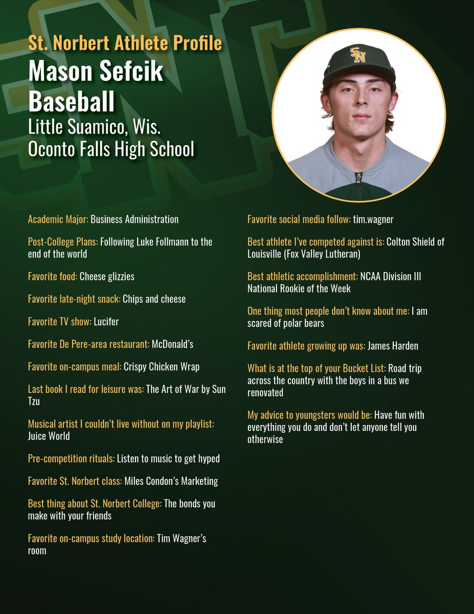sncathletics's tweet photo. St. Norbert College Student-Athlete Profile: Baseball - Mason Sefcik - Jr. - Little Suamico, Wis./Oconto Falls HS https://t.co/LtjpBS3ZB8